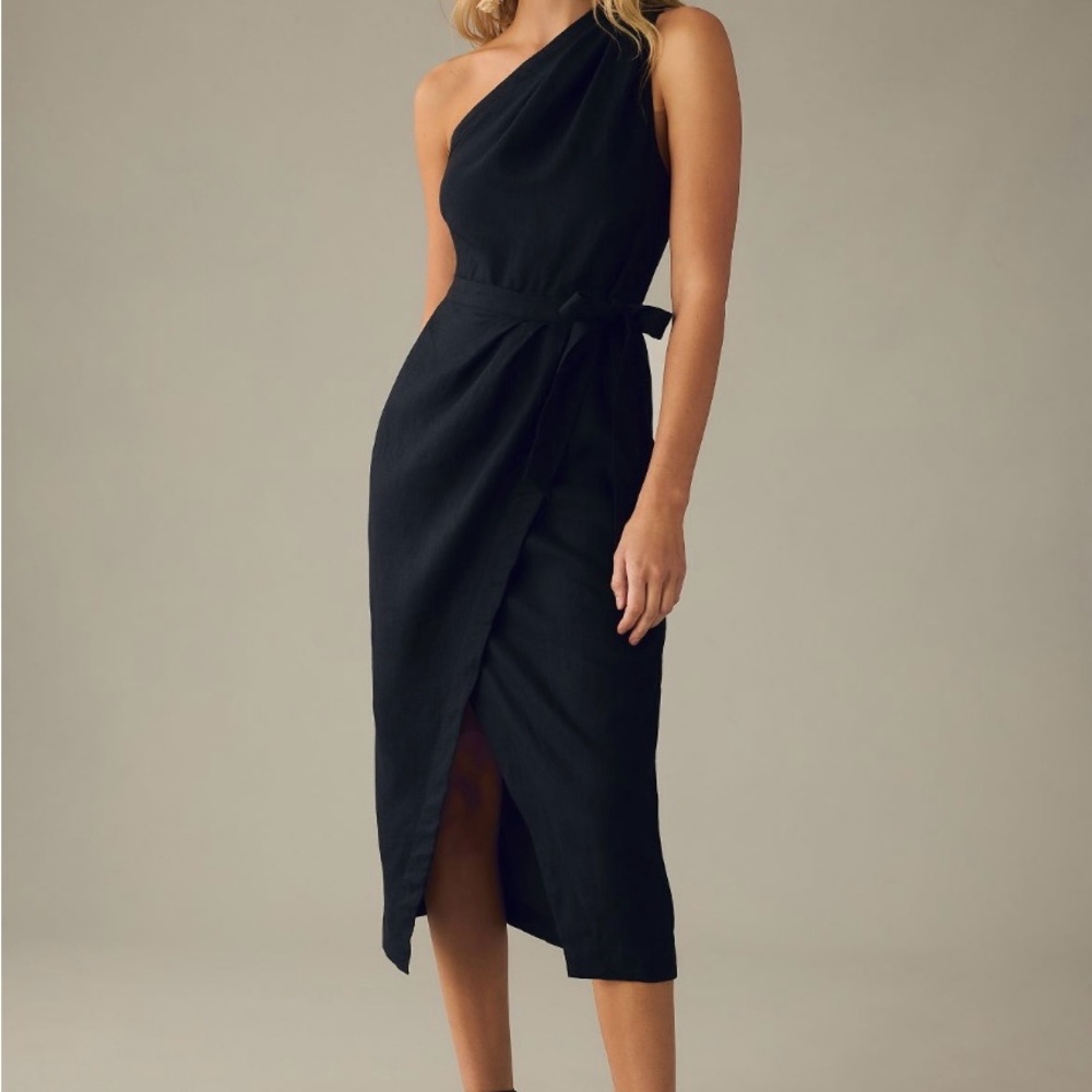 Anthropologie Black Linen One-Shoulder Sheath Dress